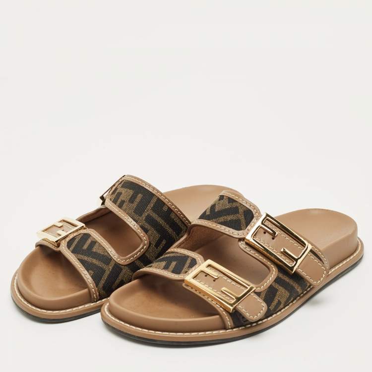 Pre Owned Fendi Brown Zucca Canvas and Leather Feel Flat Sandals Size 35