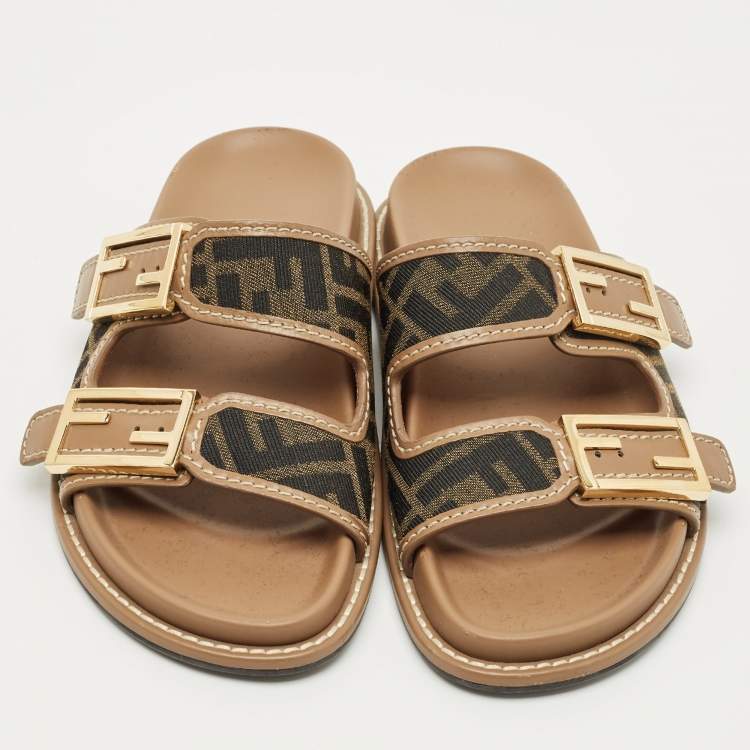 Pre Owned Fendi Brown Zucca Canvas and Leather Feel Flat Sandals Size 35