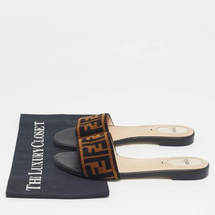 Pre Owned Fendi Two Tone Zucca Velvet Flat Slides Size 38
