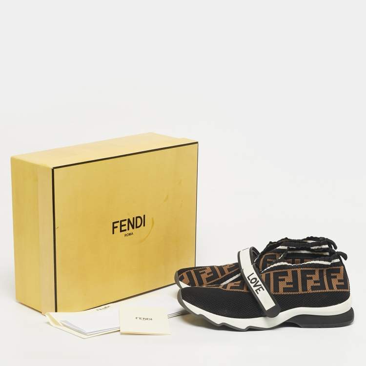 Pre Owned Fendi Black/Brown Knit Fabric FF Rockoko Slip On Sneakers Size 40
