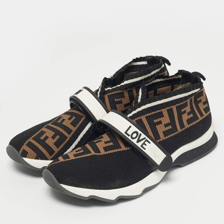 Pre Owned Fendi Black/Brown Knit Fabric FF Rockoko Slip On Sneakers Size 40