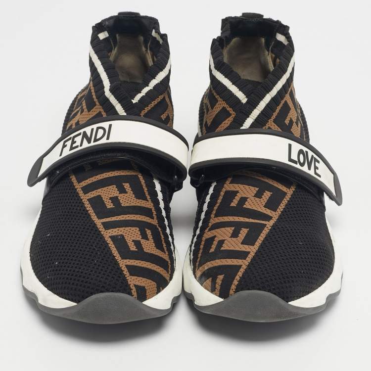Pre Owned Fendi Black/Brown Knit Fabric FF Rockoko Slip On Sneakers Size 40