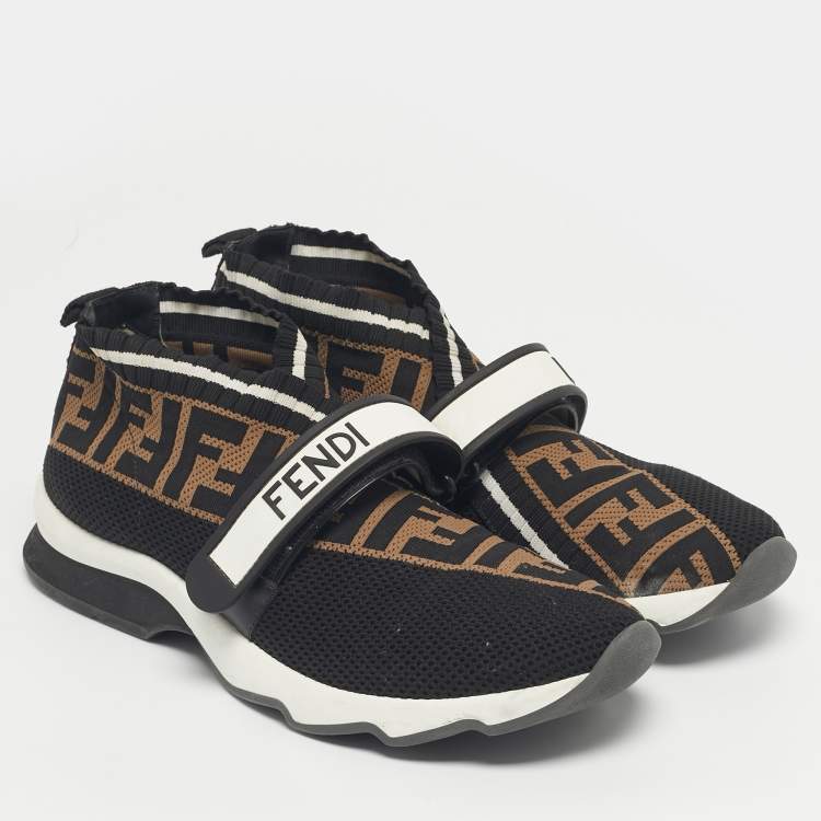 Pre Owned Fendi Black/Brown Knit Fabric FF Rockoko Slip On Sneakers Size 40