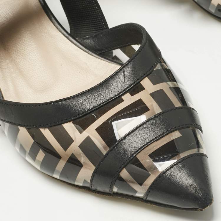 Pre Owned Fendi Black Leather and Zucca PVC Colibri Slingback Pumps Size 38