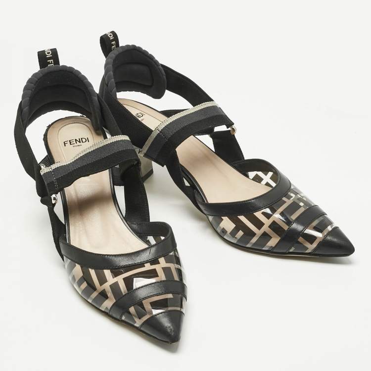 Pre Owned Fendi Black Leather and Zucca PVC Colibri Slingback Pumps Size 38