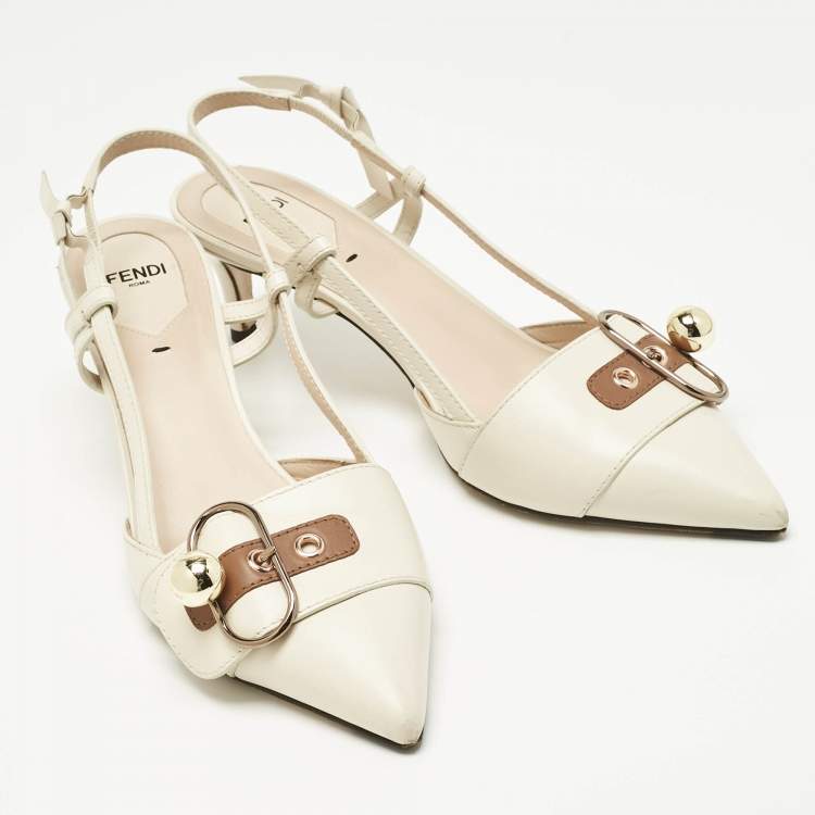 Pre Owned Fendi Cream Leather Pointed Toe Slingback  Pump Size 39