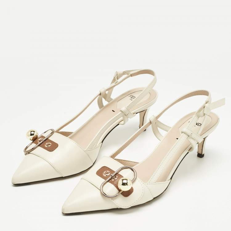 Pre Owned Fendi Cream Leather Pointed Toe Slingback  Pump Size 39
