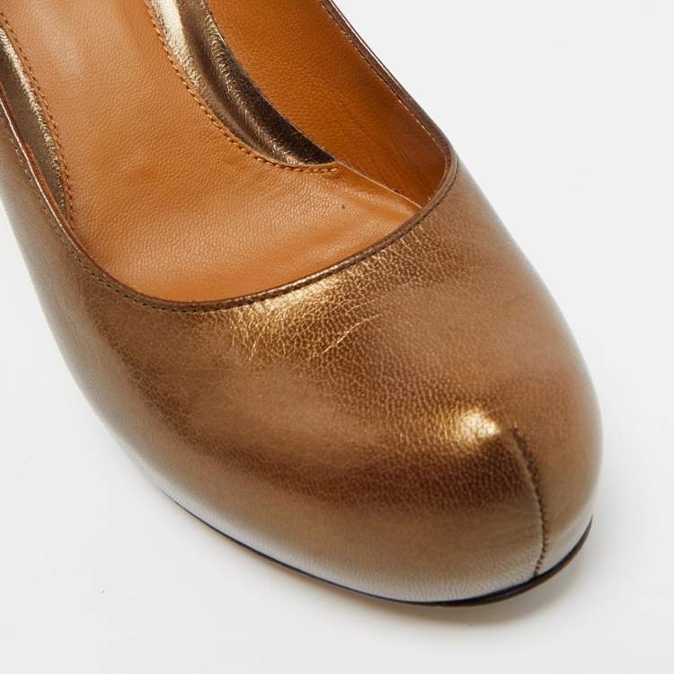Pre Owned Fendi Metallic Bronze Leather Platform FF Pumps Size 36