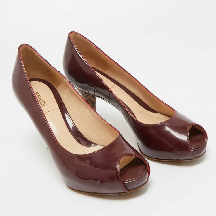 Pre Owned Fendi Burgundy Patent Leather Zucca Print Heel Peep Toe Platform Pumps Size 36