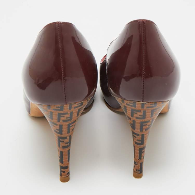 Pre Owned Fendi Burgundy Patent Leather Zucca Print Heel Peep Toe Platform Pumps Size 36