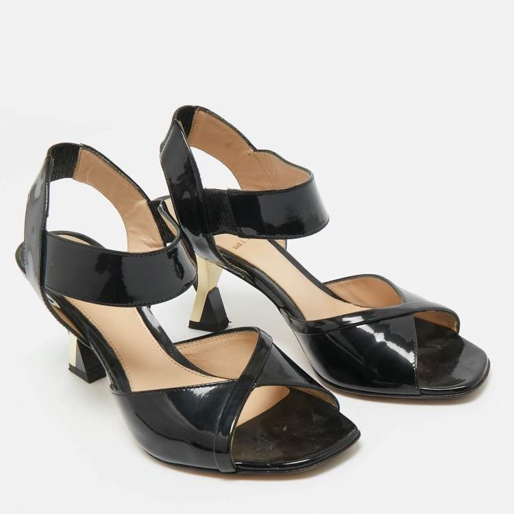 Pre Owned Fendi Black Patent Leather Ankle Strap Sandals Size 36