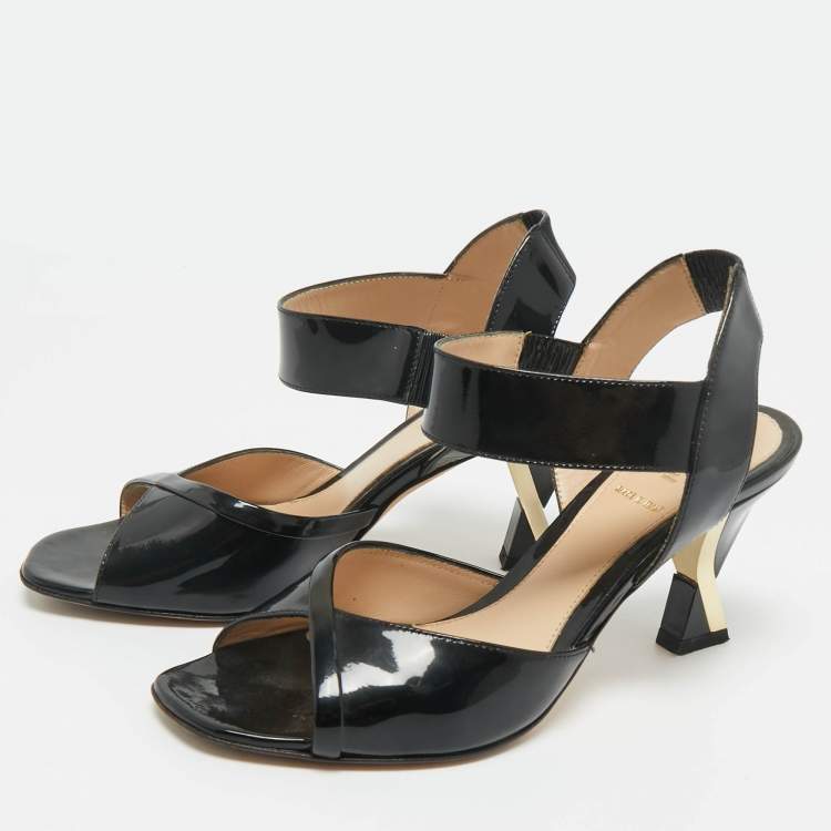 Pre Owned Fendi Black Patent Leather Ankle Strap Sandals Size 36