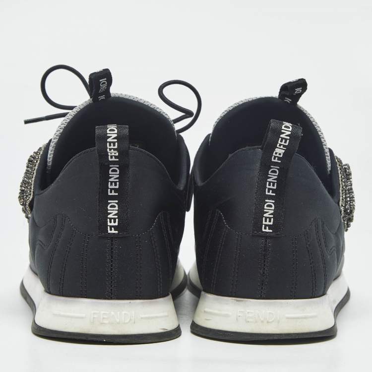 Pre Owned Fendi Black Fabric and Satin Crystal Embellished Lace Up Sneakers Size 37