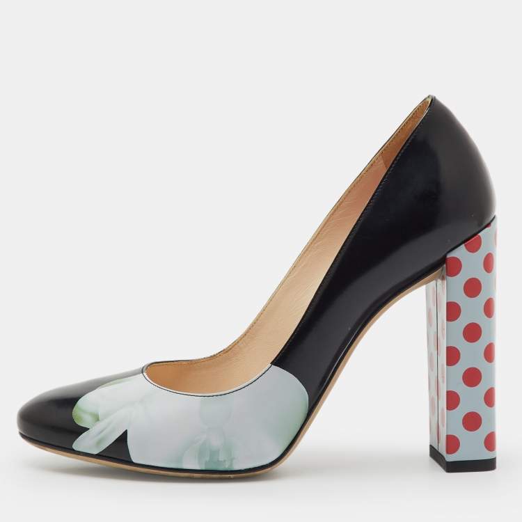 Pre Owned Fendi Black Patent Leather Polka Dots Block Heel Pumps Size 38