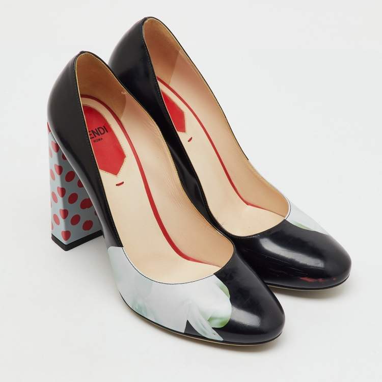 Pre Owned Fendi Black Patent Leather Polka Dots Block Heel Pumps Size 38