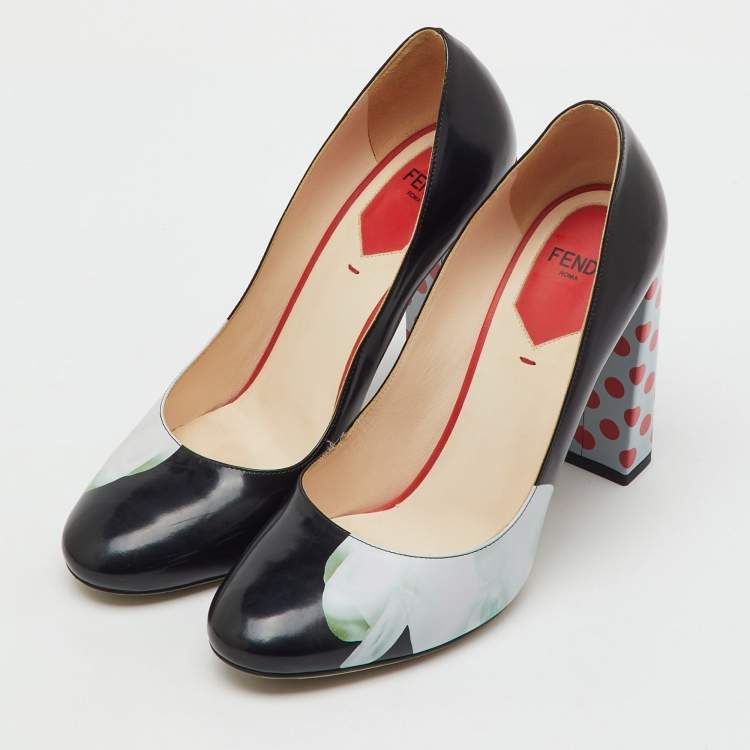 Pre Owned Fendi Black Patent Leather Polka Dots Block Heel Pumps Size 38