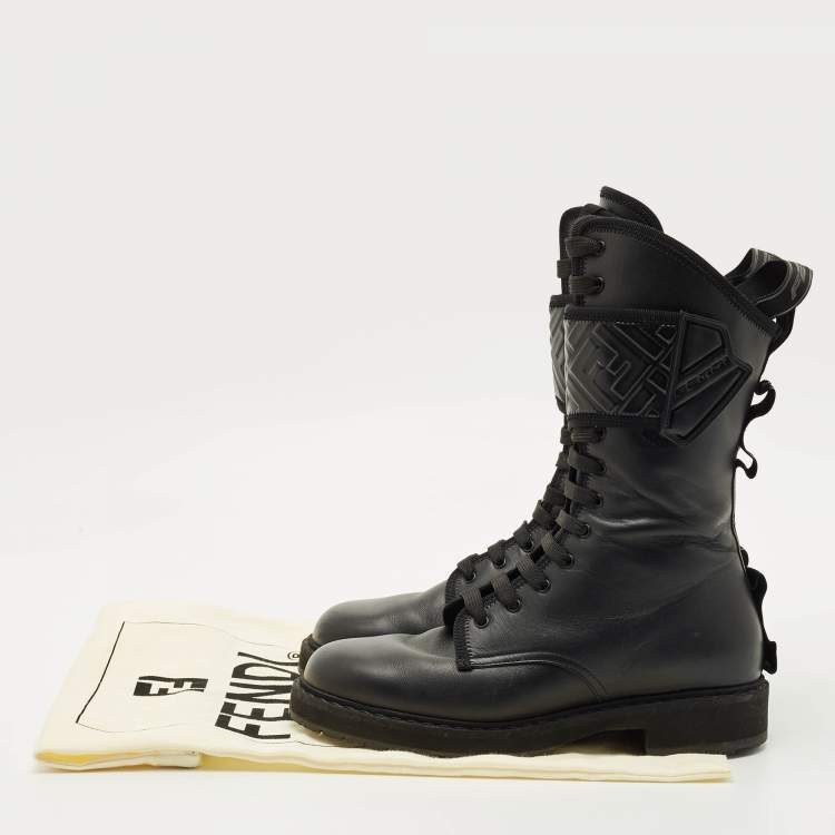Pre Owned Fendi Black Leather Forever Fendi Hiking Boots Size 37