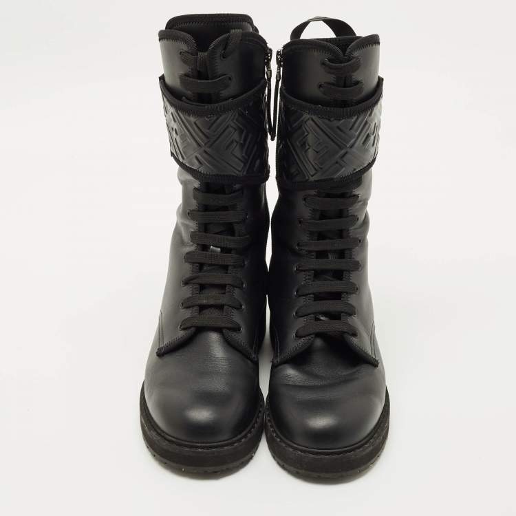 Pre Owned Fendi Black Leather Forever Fendi Hiking Boots Size 37