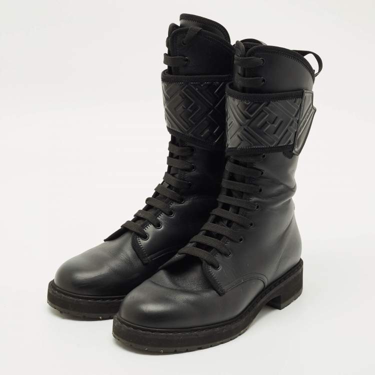 Pre Owned Fendi Black Leather Forever Fendi Hiking Boots Size 37