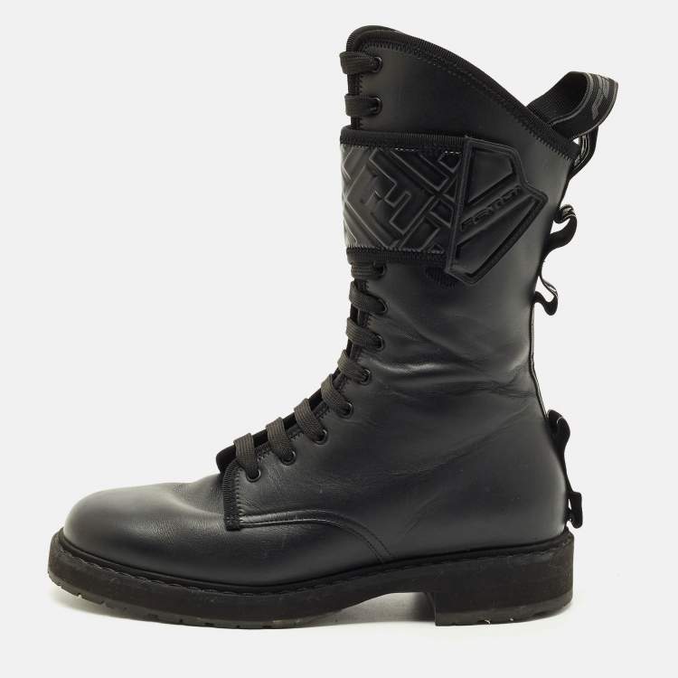 Pre Owned Fendi Black Leather Forever Fendi Hiking Boots Size 37