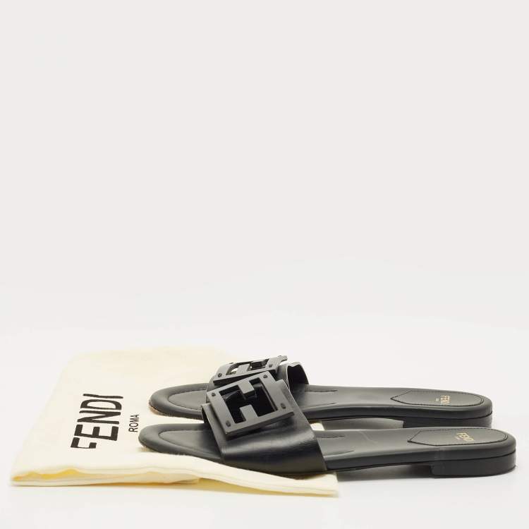 Pre Owned Fendi Black Leather Logo Flat Slides Size 38