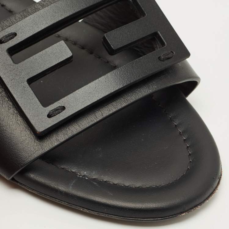 Pre Owned Fendi Black Leather Logo Flat Slides Size 38