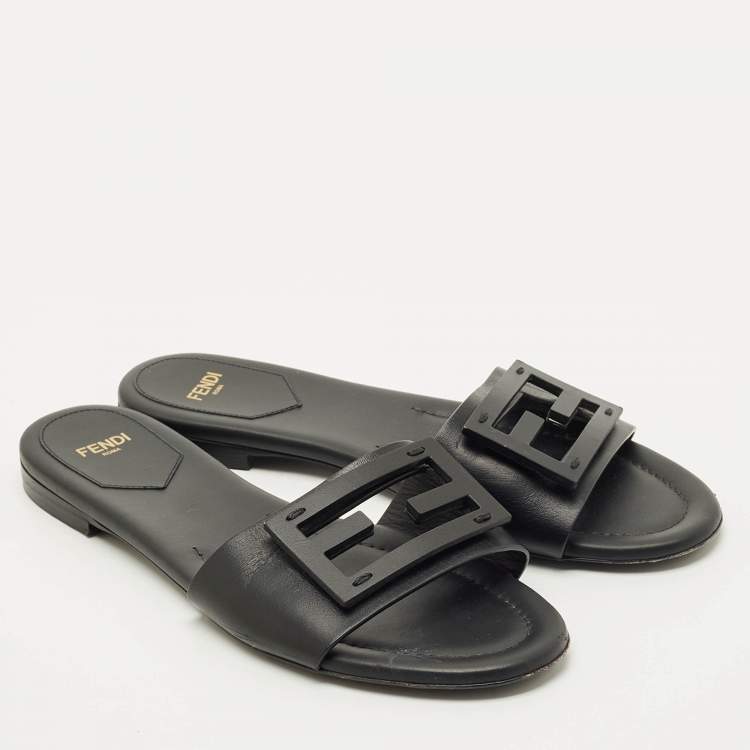 Pre Owned Fendi Black Leather Logo Flat Slides Size 38