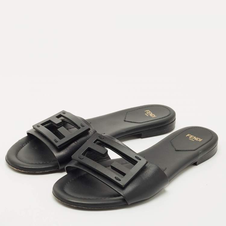 Pre Owned Fendi Black Leather Logo Flat Slides Size 38