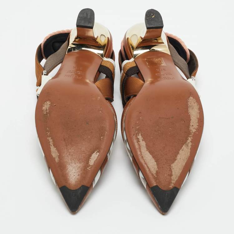 Pre Owned Fendi Brown/White Zucca PVC and Leather Colibri Slingback Pumps Size 37.5