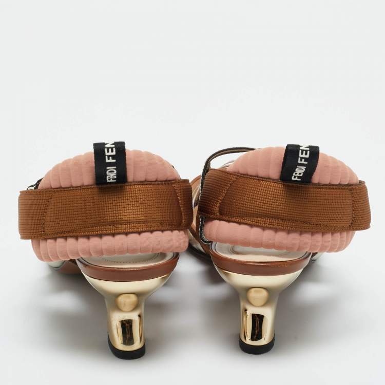 Pre Owned Fendi Brown/White Zucca PVC and Leather Colibri Slingback Pumps Size 37.5