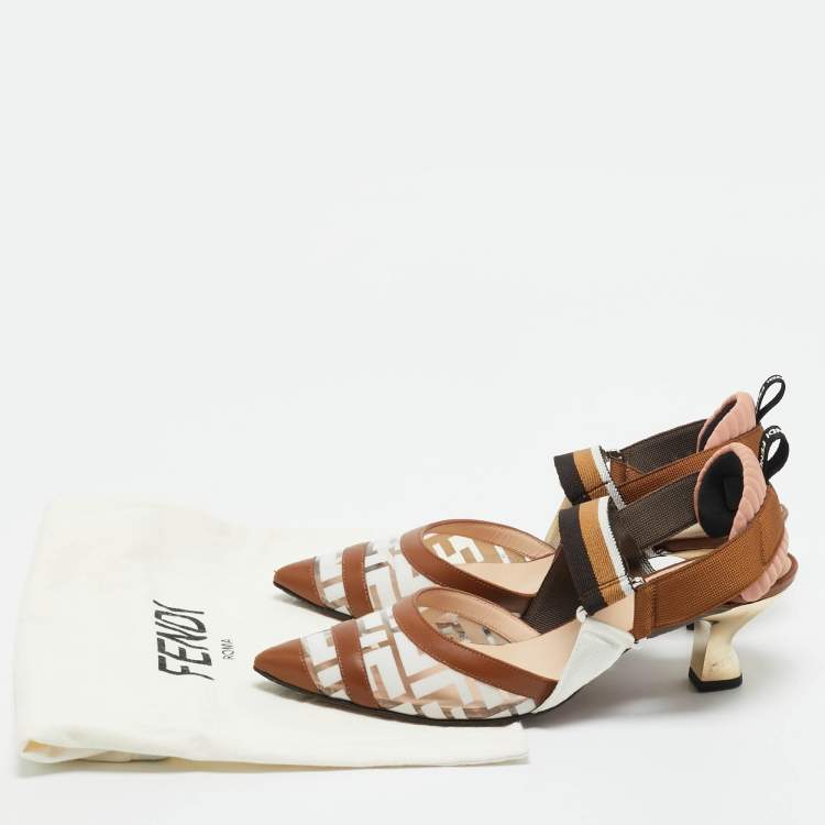 Pre Owned Fendi Brown/White Zucca PVC and Leather Colibri Slingback Pumps Size 37.5