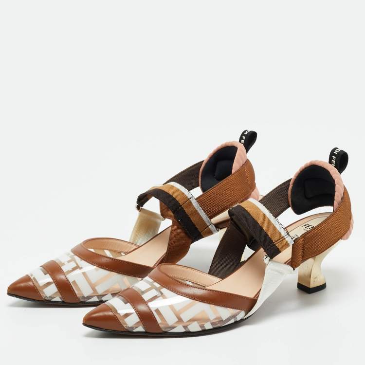 Pre Owned Fendi Brown/White Zucca PVC and Leather Colibri Slingback Pumps Size 37.5
