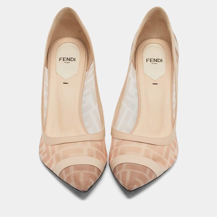 Pre Owned Fendi Light Pink/Brown Zucca Mesh and Leather Colibri Pumps Size 39