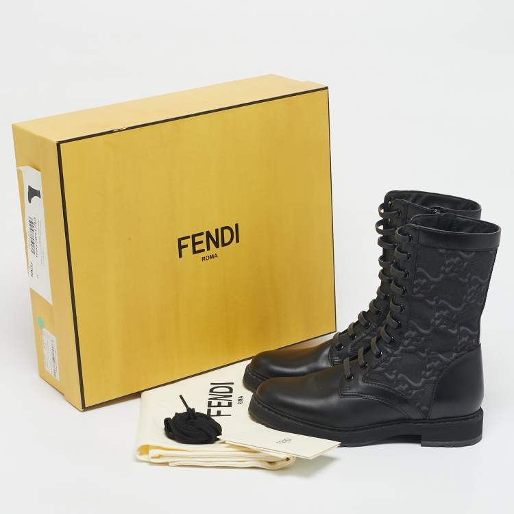 Pre Owned Fendi Black Karligraphy Jacquard and Leather Combat Boots Size 37