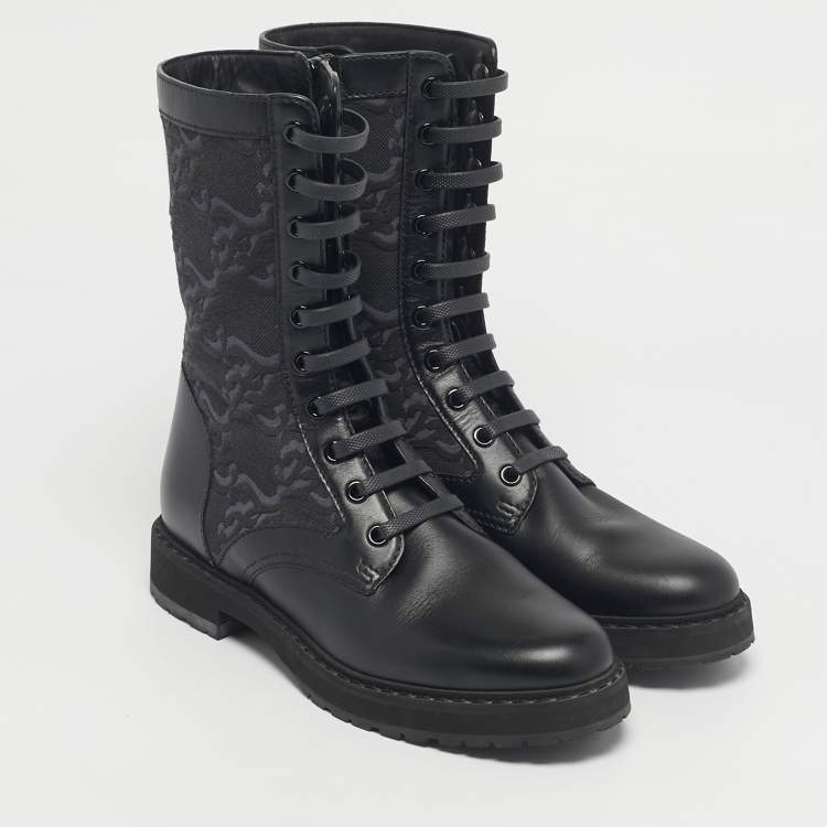 Pre Owned Fendi Black Karligraphy Jacquard and Leather Combat Boots Size 37