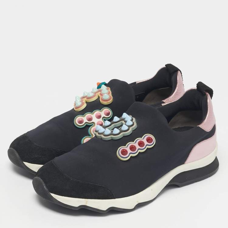Pre Owned Fendi Black Fabric And Suede Fun Fair Logo Slip On Sneakers Size 38