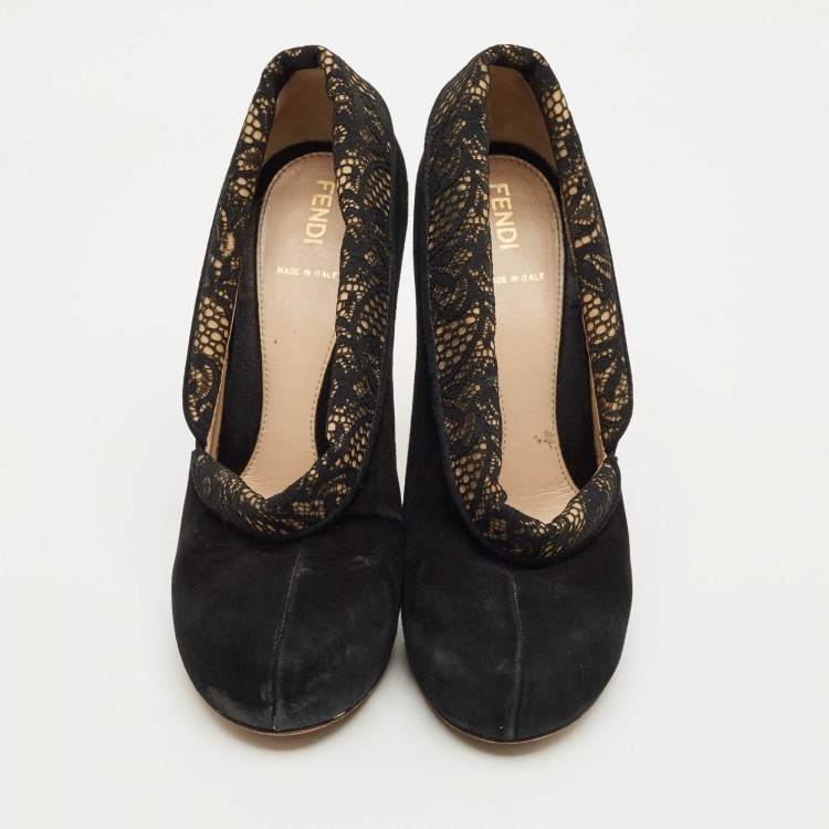 Pre Owned حذاء كعب عالي فندي دانتيل أسود و سويد مغلق مقاس 38.5