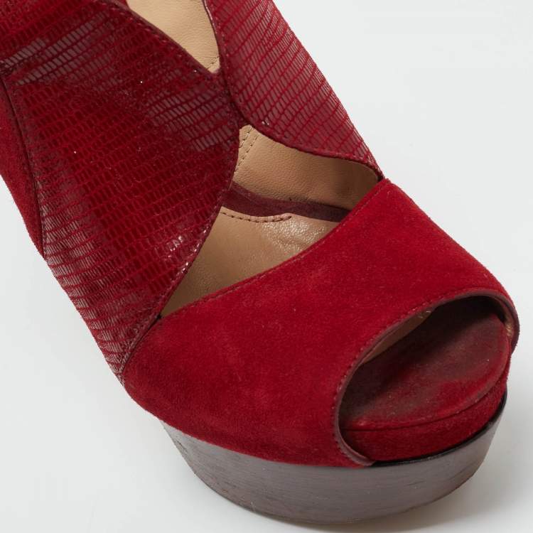 Pre Owned Fendi Red Leather and Lizard Embossed Leather Slingback Platform Sandals Size 37