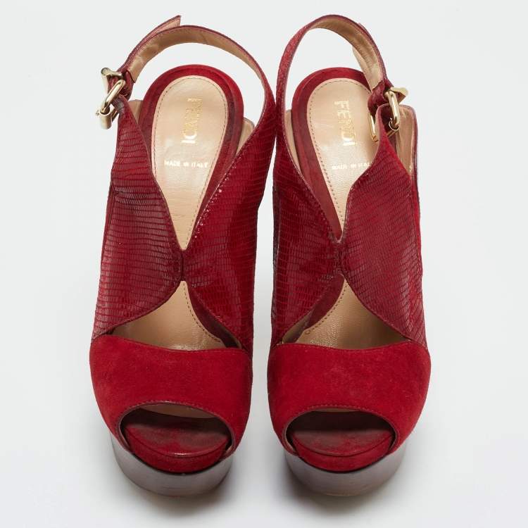 Pre Owned Fendi Red Leather and Lizard Embossed Leather Slingback Platform Sandals Size 37