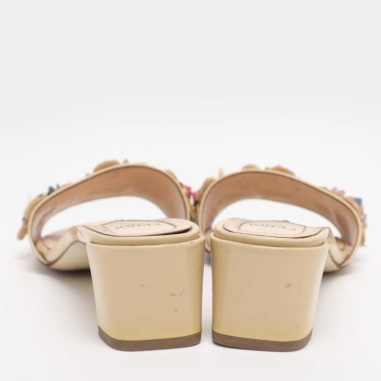 Pre Owned Fendi Beige Patent Leather Flowerland Embellished Block Heel Slides Size 37.5