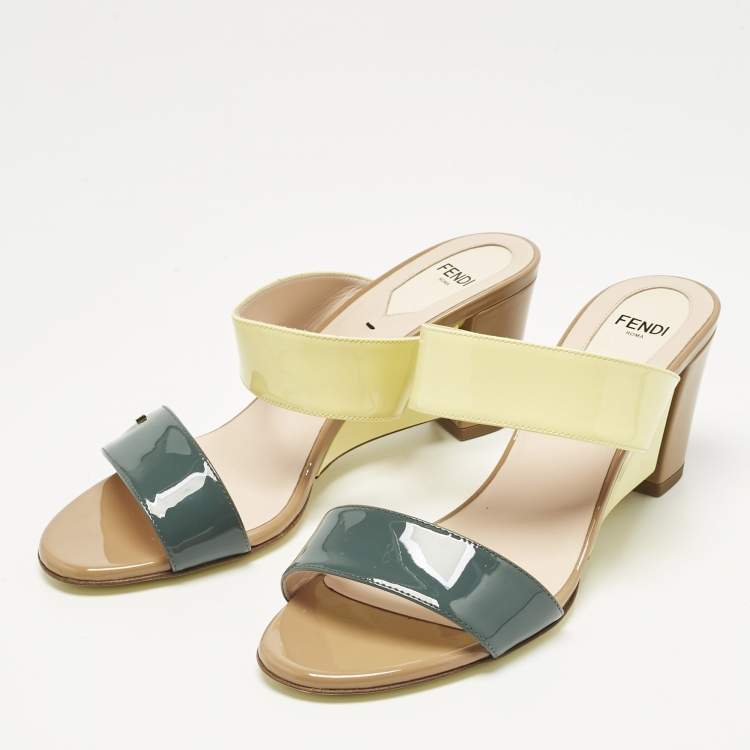 Pre Owned Fendi Multicolor Patent Leather Wedge Slide Sandals Size 37.5