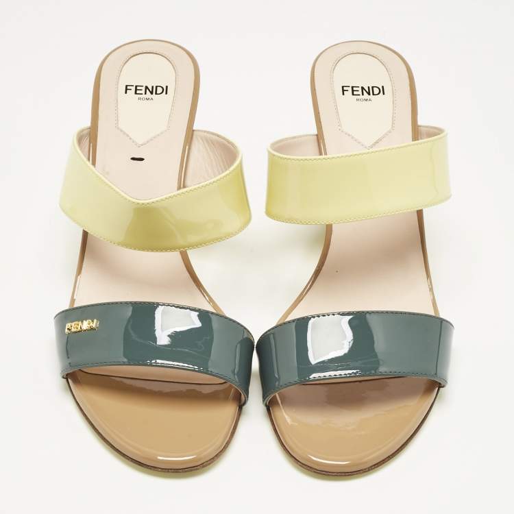 Pre Owned Fendi Multicolor Patent Leather Wedge Slide Sandals Size 37.5