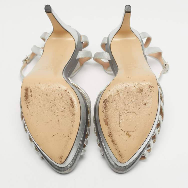 Pre Owned Fendi Silver Leather T-Strap Platform Sandals Size 39