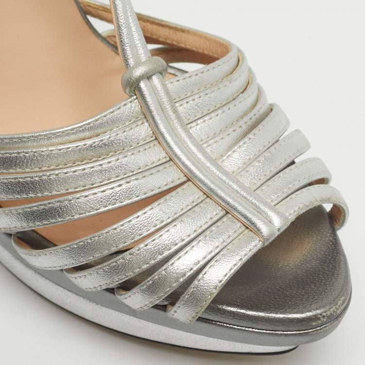 Pre Owned Fendi Silver Leather T-Strap Platform Sandals Size 39