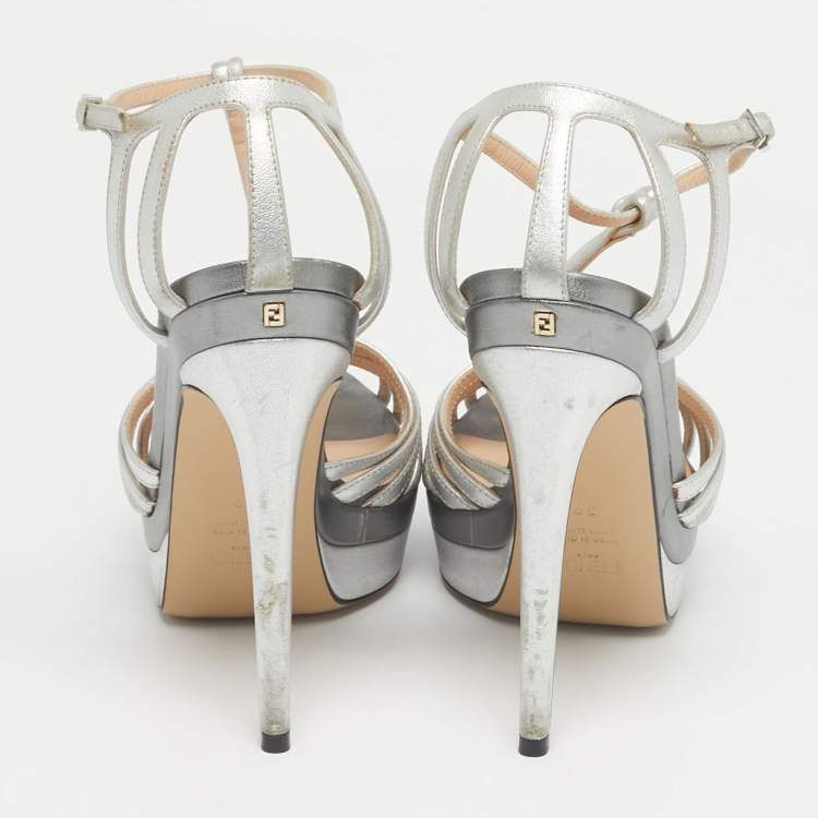 Pre Owned Fendi Silver Leather T-Strap Platform Sandals Size 39