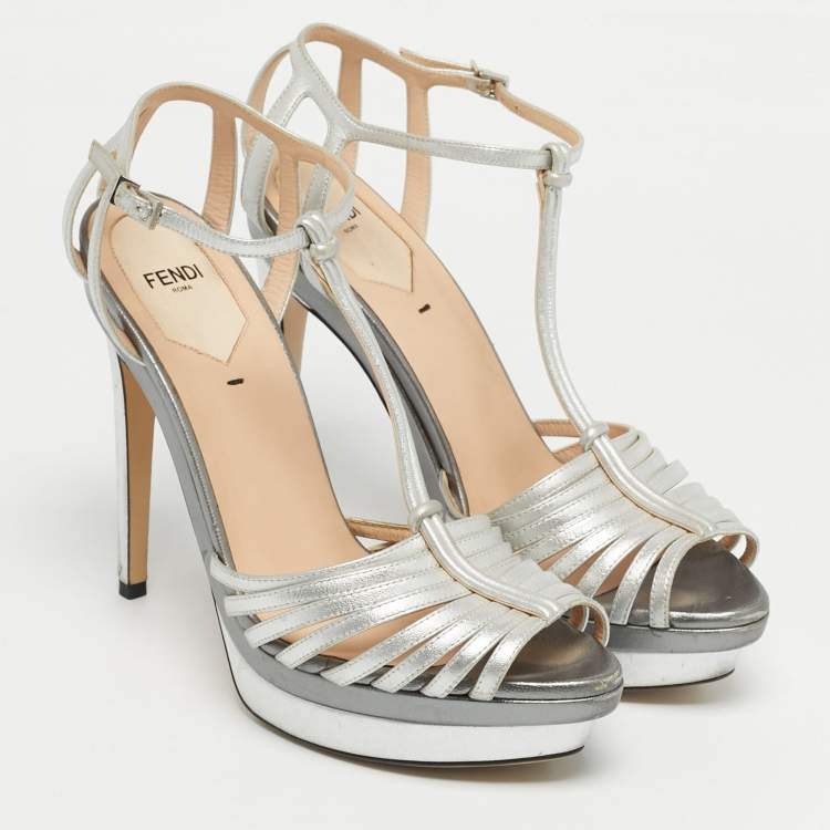 Pre Owned Fendi Silver Leather T-Strap Platform Sandals Size 39