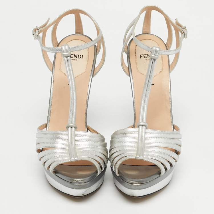 Pre Owned Fendi Silver Leather T-Strap Platform Sandals Size 39