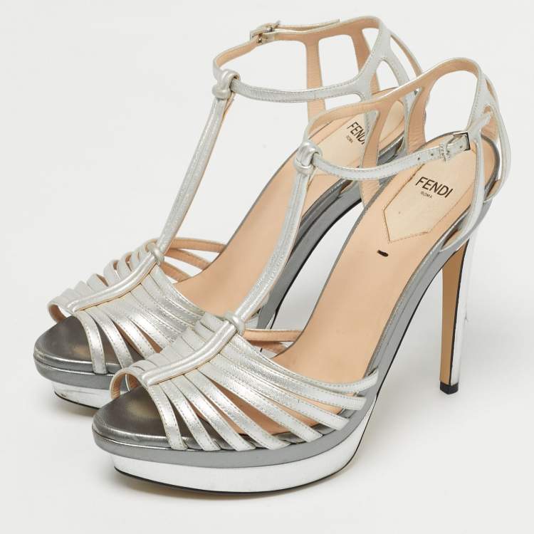 Pre Owned Fendi Silver Leather T-Strap Platform Sandals Size 39