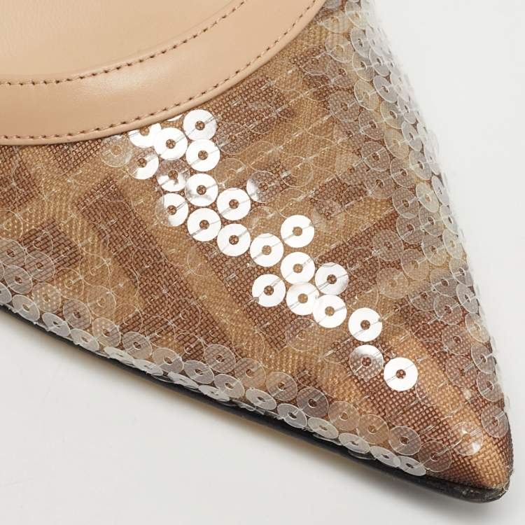 Pre Owned Fendi Brown/Beige Sequins and Canvas Colibri Slingback Pumps Size 40