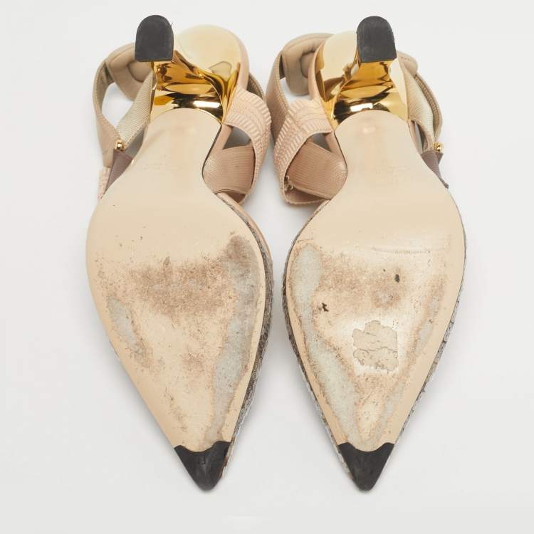 Pre Owned Fendi Brown/Beige Sequins and Canvas Colibri Slingback Pumps Size 40